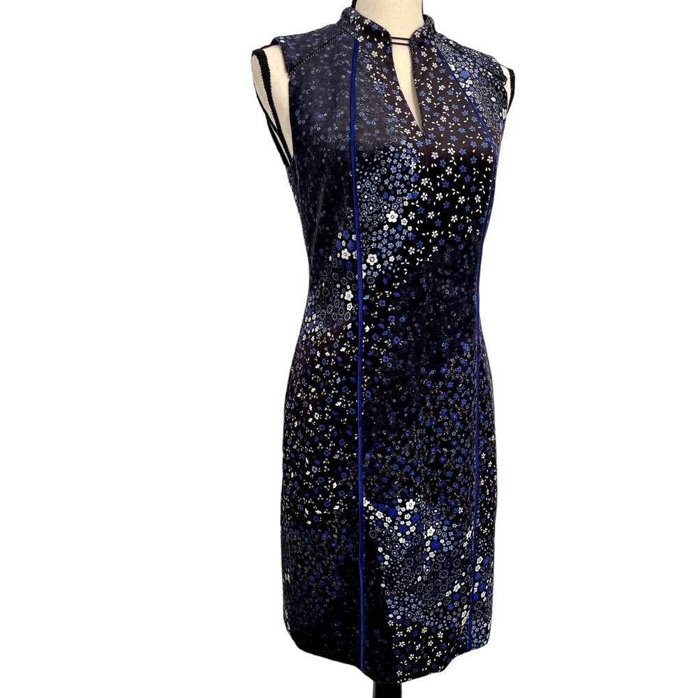 Elie Tahari Blue Floral Velvet Keyhole Bodycon Midi Dress Women Size 2 Pinstripe